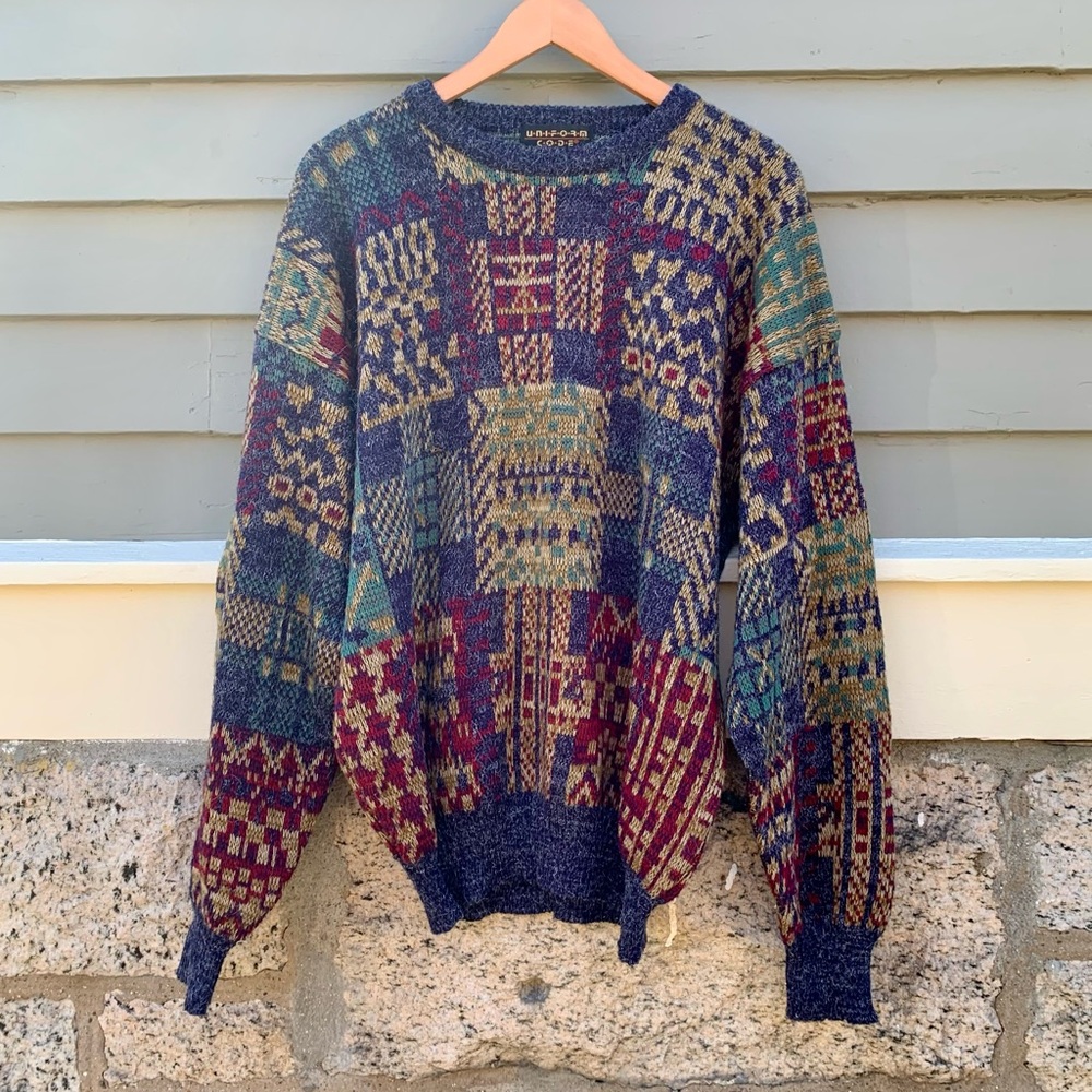 Vintage 80s Colorful Multicolor Geometric Loud Cosby Grandpa Plaid Sweater XL - Picture 4 of 17